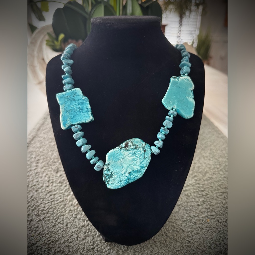 Chunky turquoise statement necklace with freeform stones